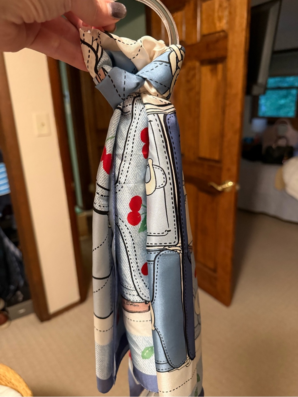 Coach Blue and Cream Silk Scarf with Cherry Motif - Picture 7 of 7